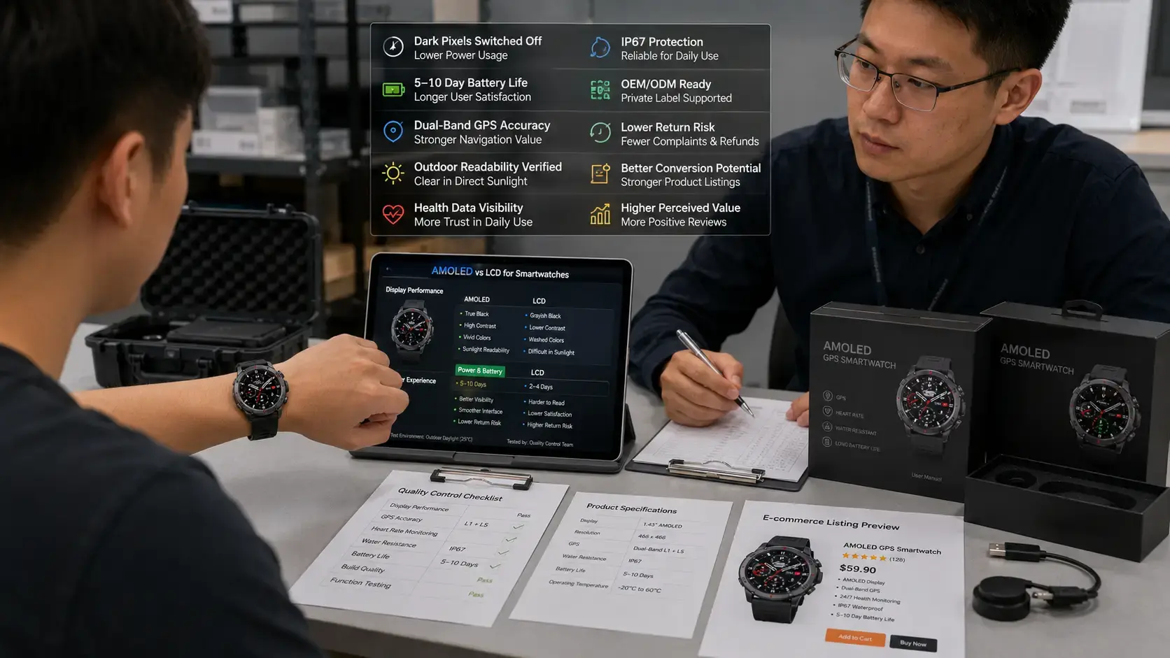 Buyer evaluating AMOLED GPS smartwatch performance.
