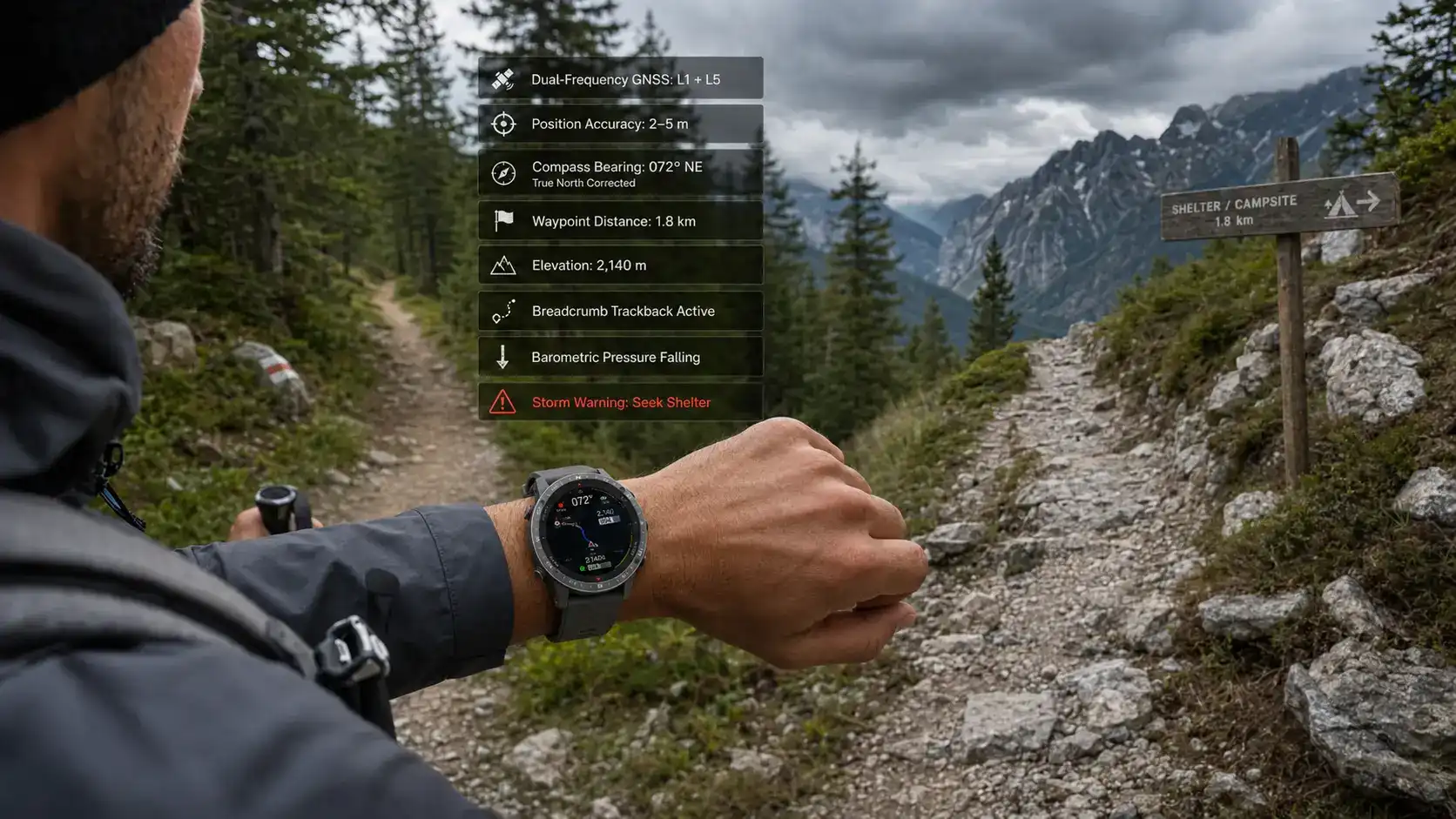 Rugged smartwatch providing GPS and compass navigation.