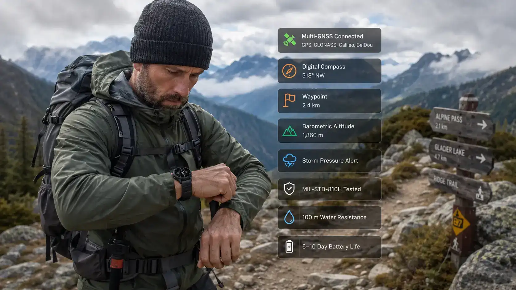 Rugged smartwatch tested in wet mountain conditions. Rugged smartwatch tested in wet mountain conditions.