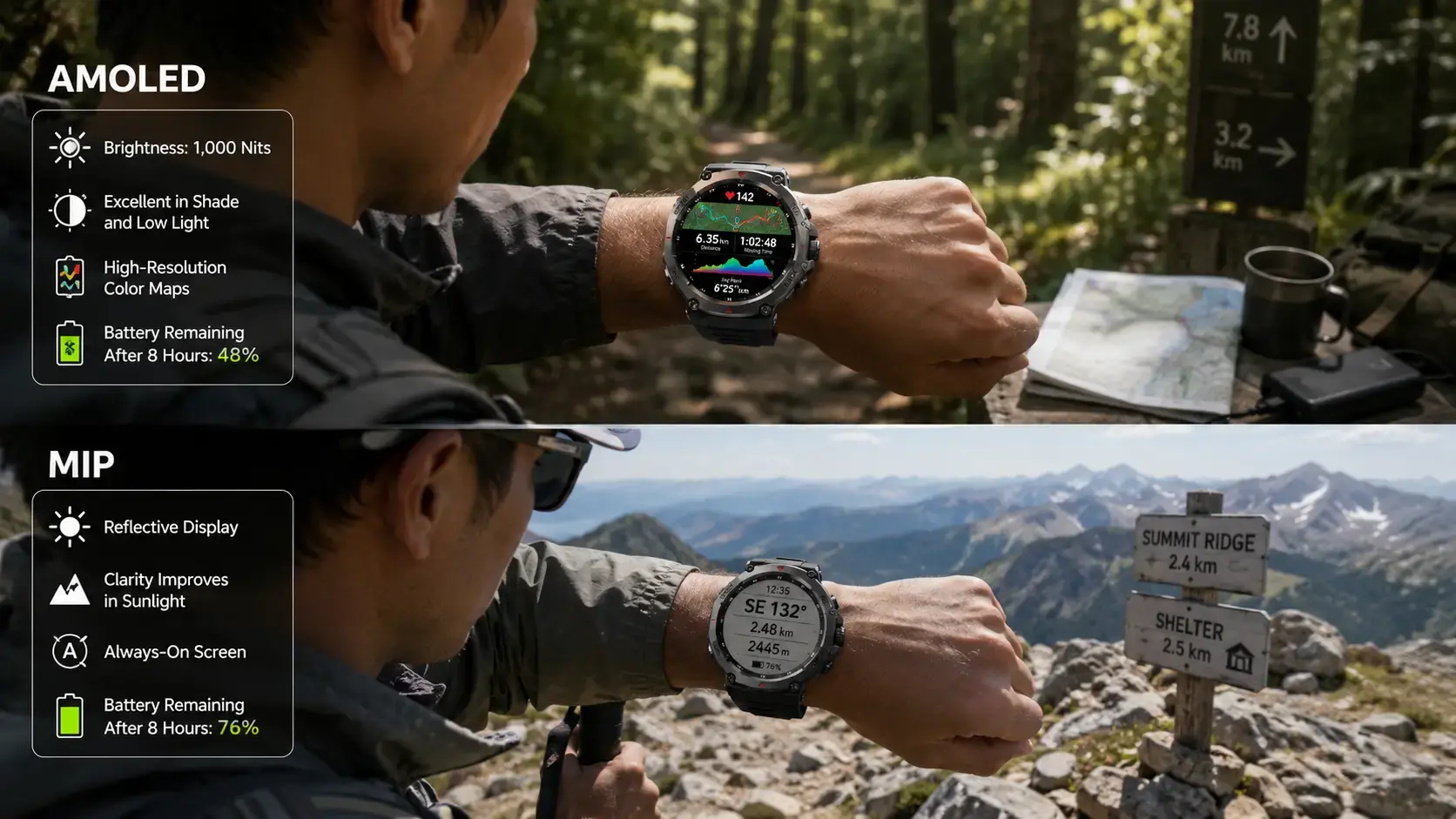 AMOLED and MIP screen readability during hiking.