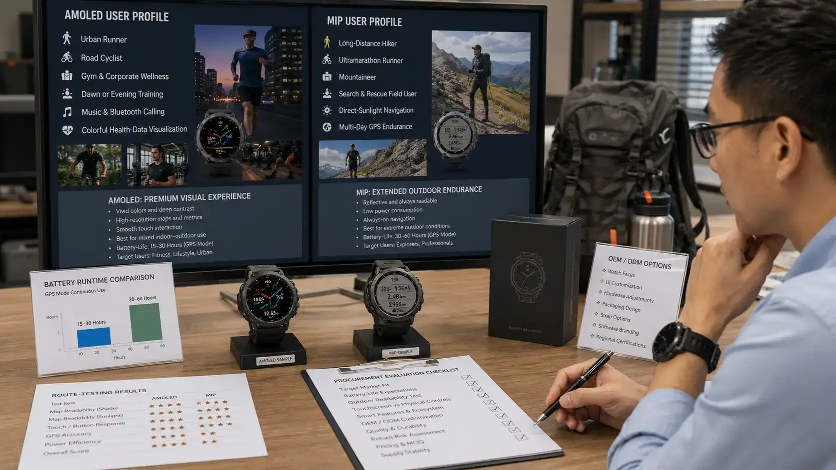 Buyer comparing AMOLED and MIP GPS watches.