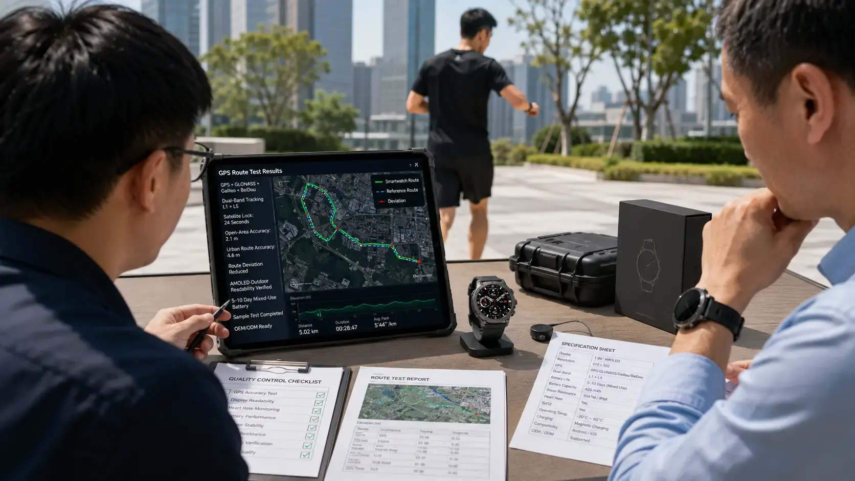 AMOLED GPS smartwatch undergoing route accuracy testing.