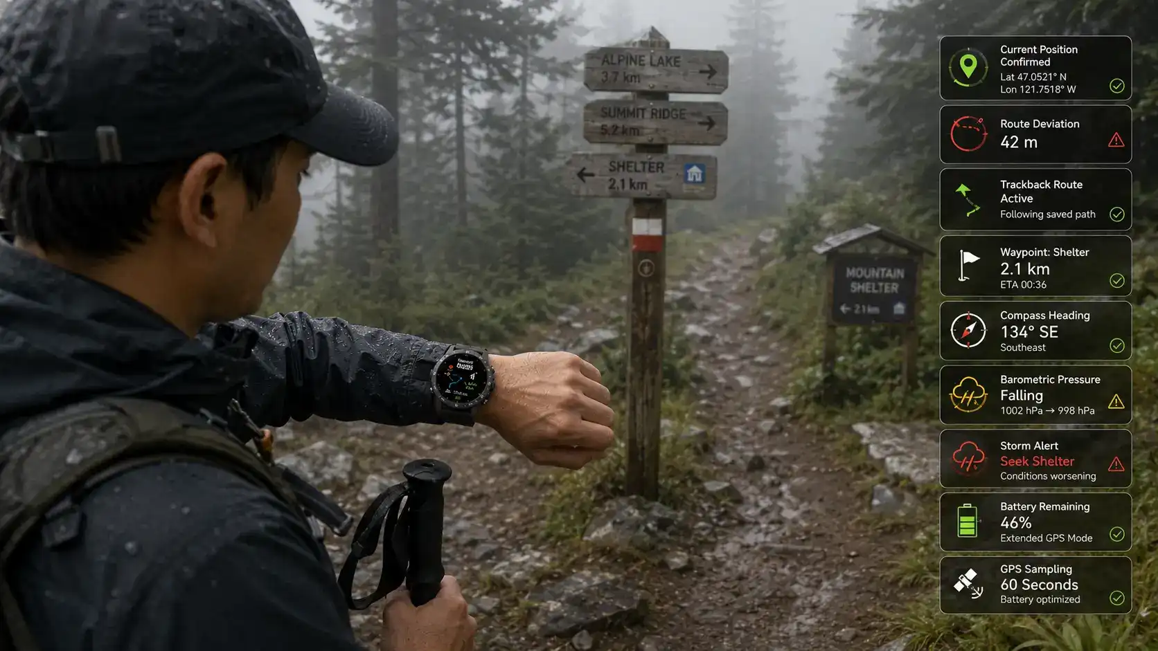 Hiker using GPS trackback during changing weather. Hiker using GPS trackback during changing weather.