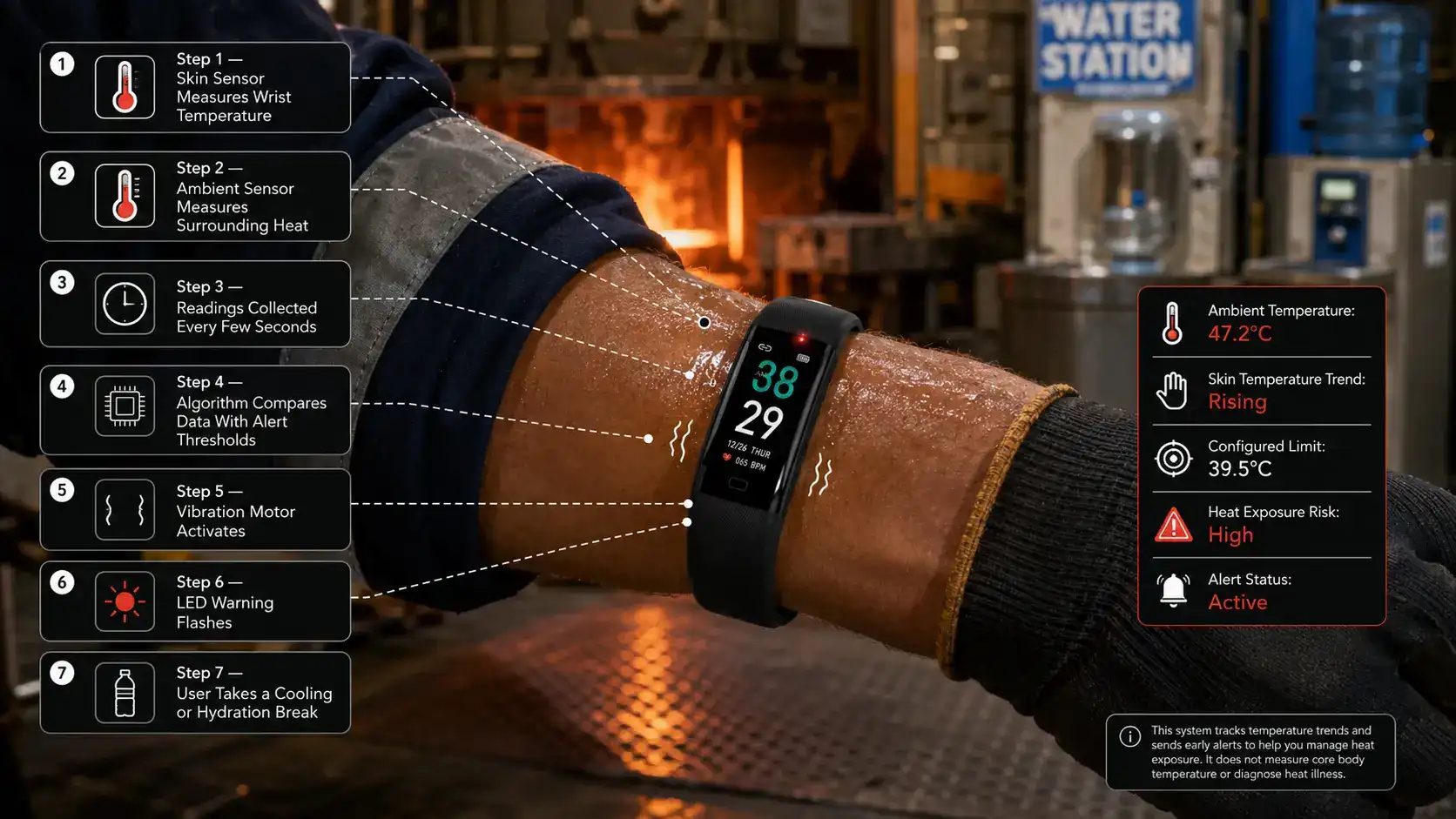 Temperature warning band sensor and alert workflow.