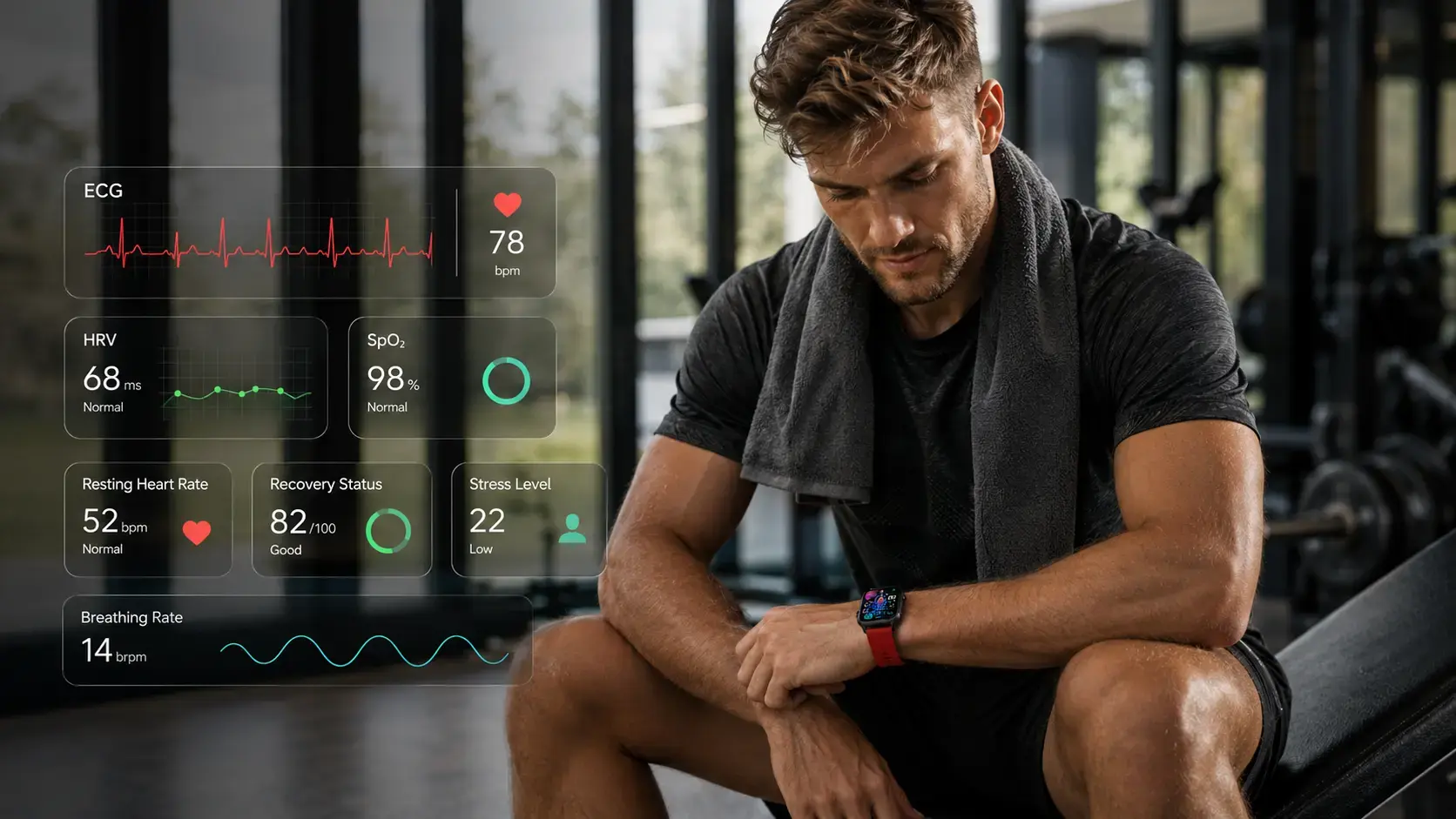 Athlete reviewing ECG recovery data after training.