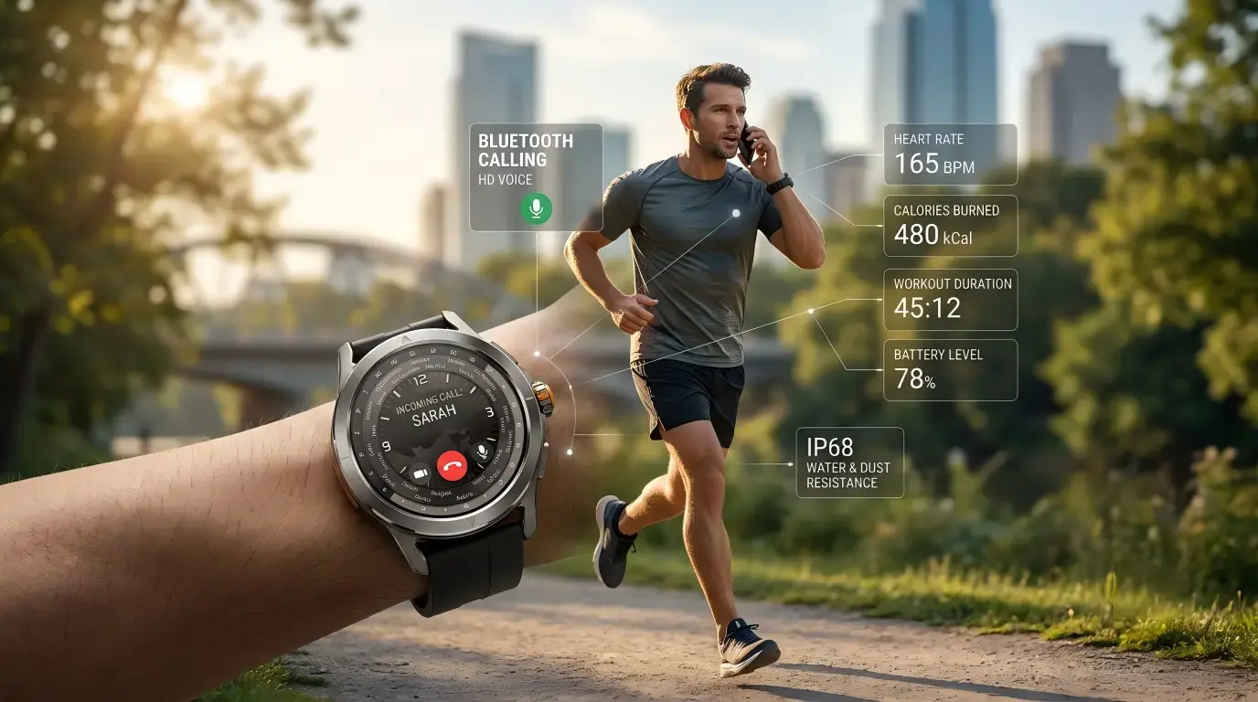Athlete making hands-free calls with smartwatch. Athlete making hands-free calls with smartwatch.