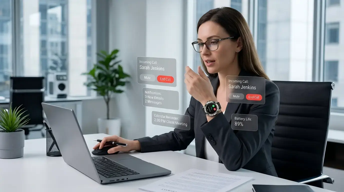 Professional managing calls with smartwatch in office. Professional managing calls with smartwatch in office.