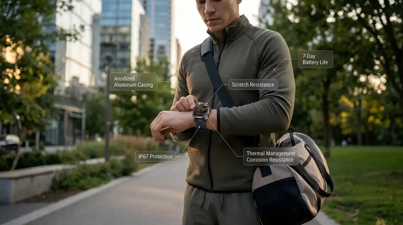 Professional wearing lightweight aluminum smartwatch.