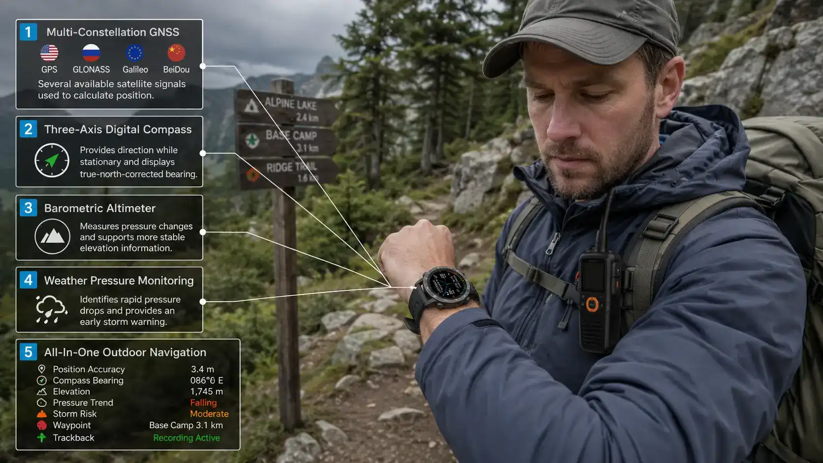 Rugged smartwatch combining GPS compass and altimeter. Rugged smartwatch combining GPS compass and altimeter.
