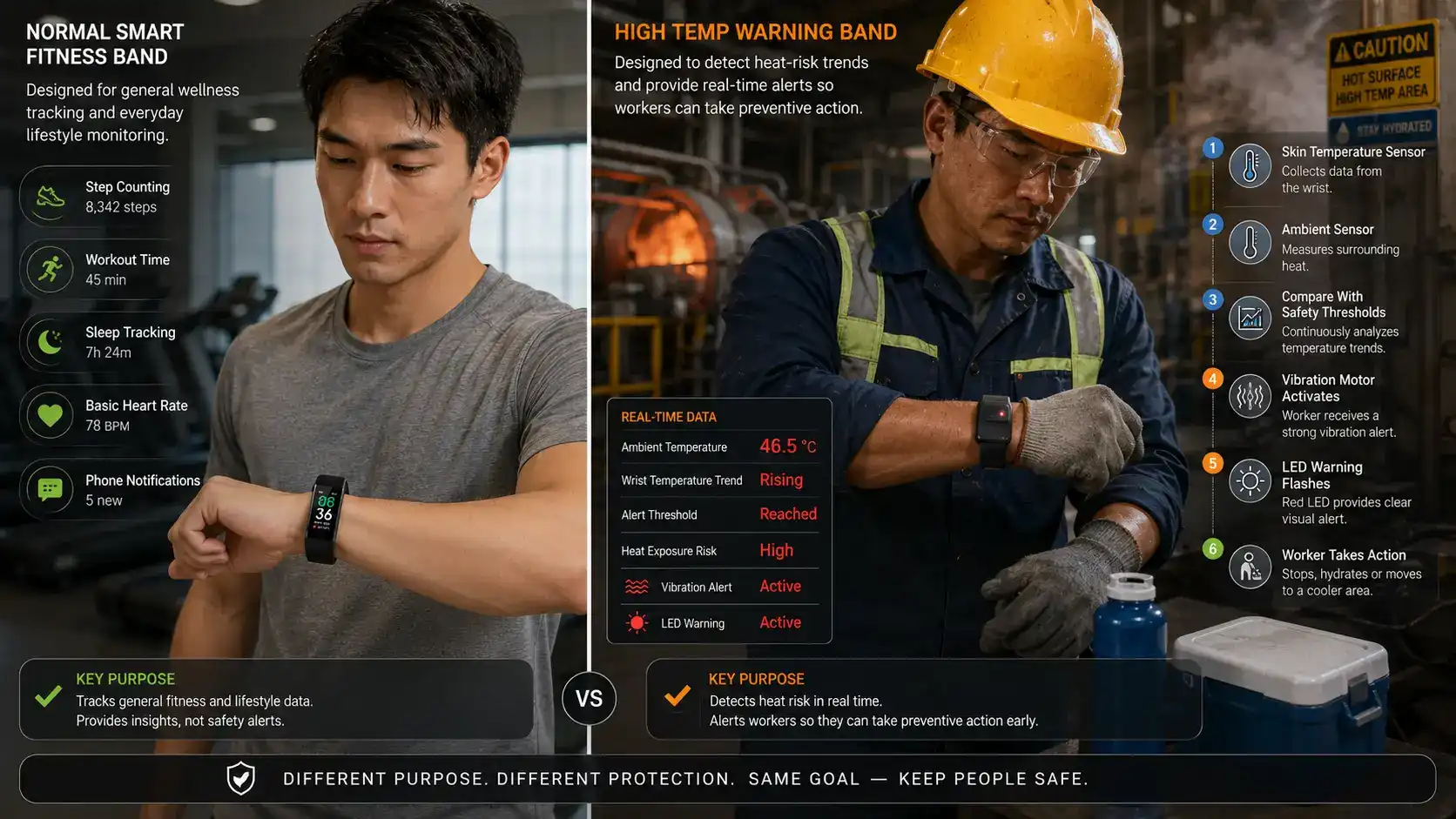 Temperature safety band and fitness tracker functions compared.