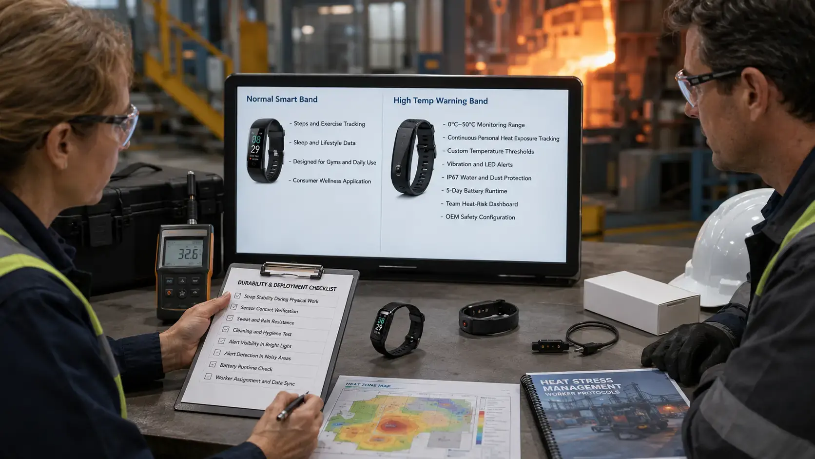 Buyer comparing industrial heat band and smart band.