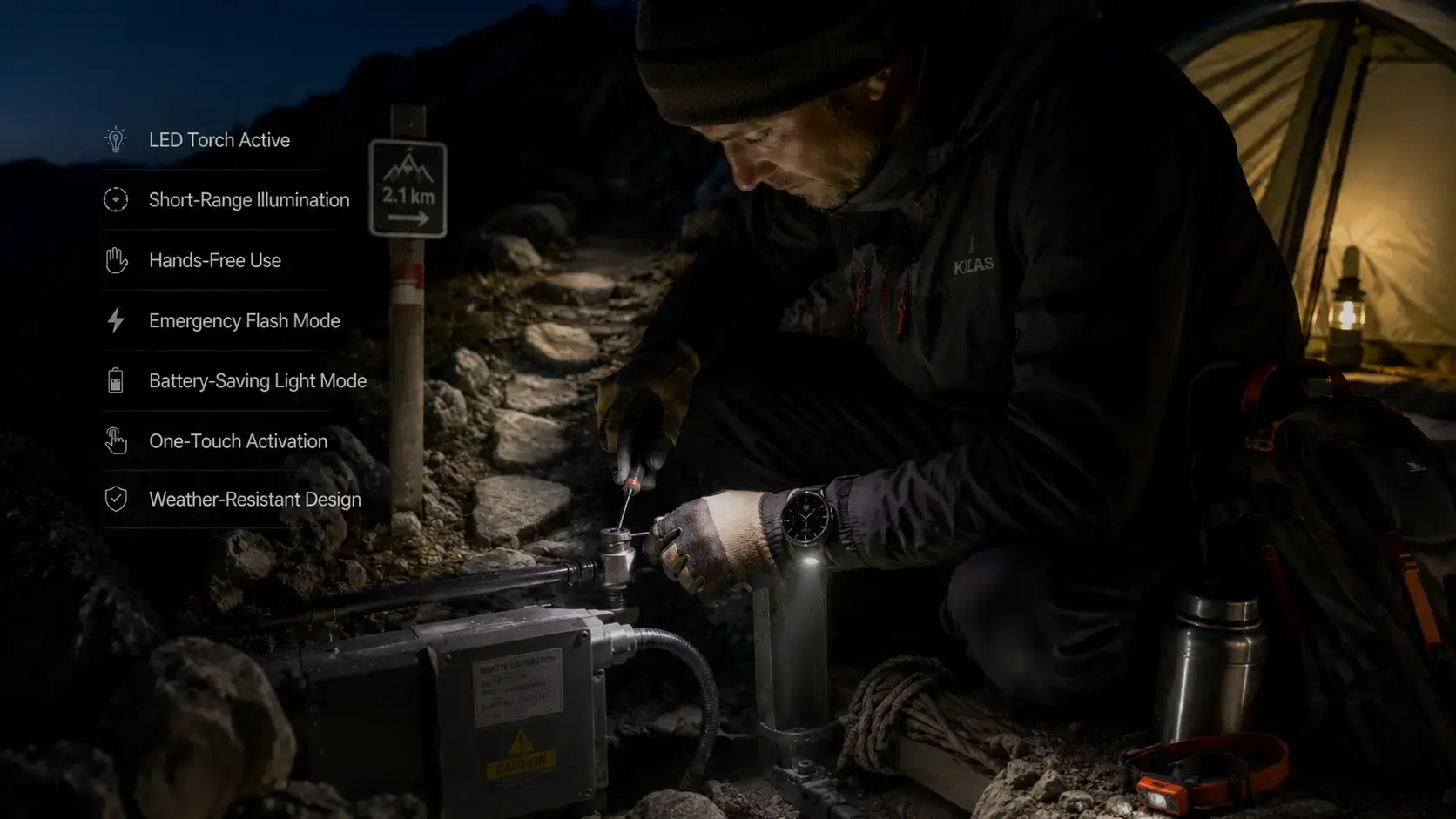 Smartwatch flashlight supporting outdoor night activities.
