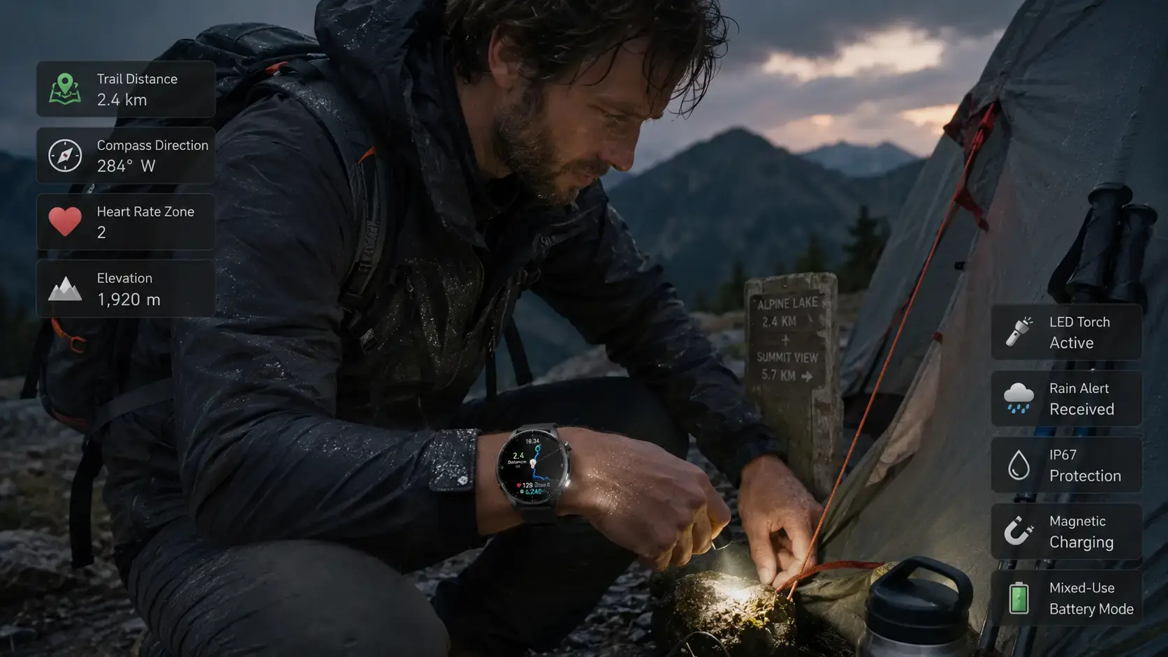 Outdoor smartwatch supporting hiking and camping activities.