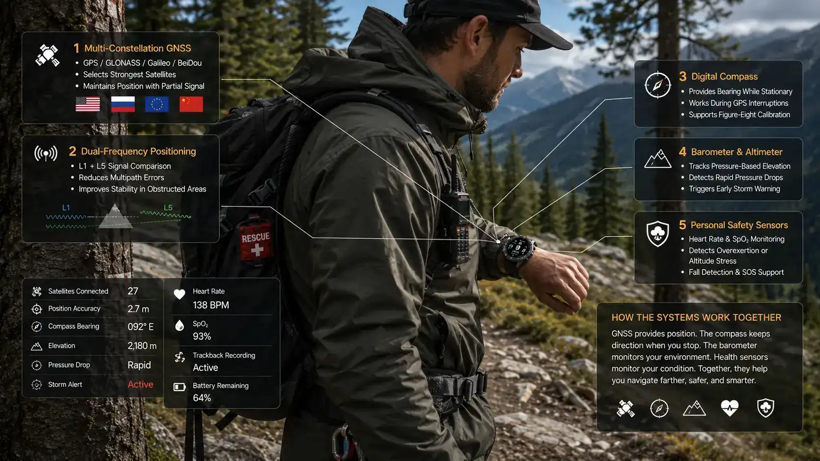 Rugged smartwatch combining GNSS compass and safety sensors.