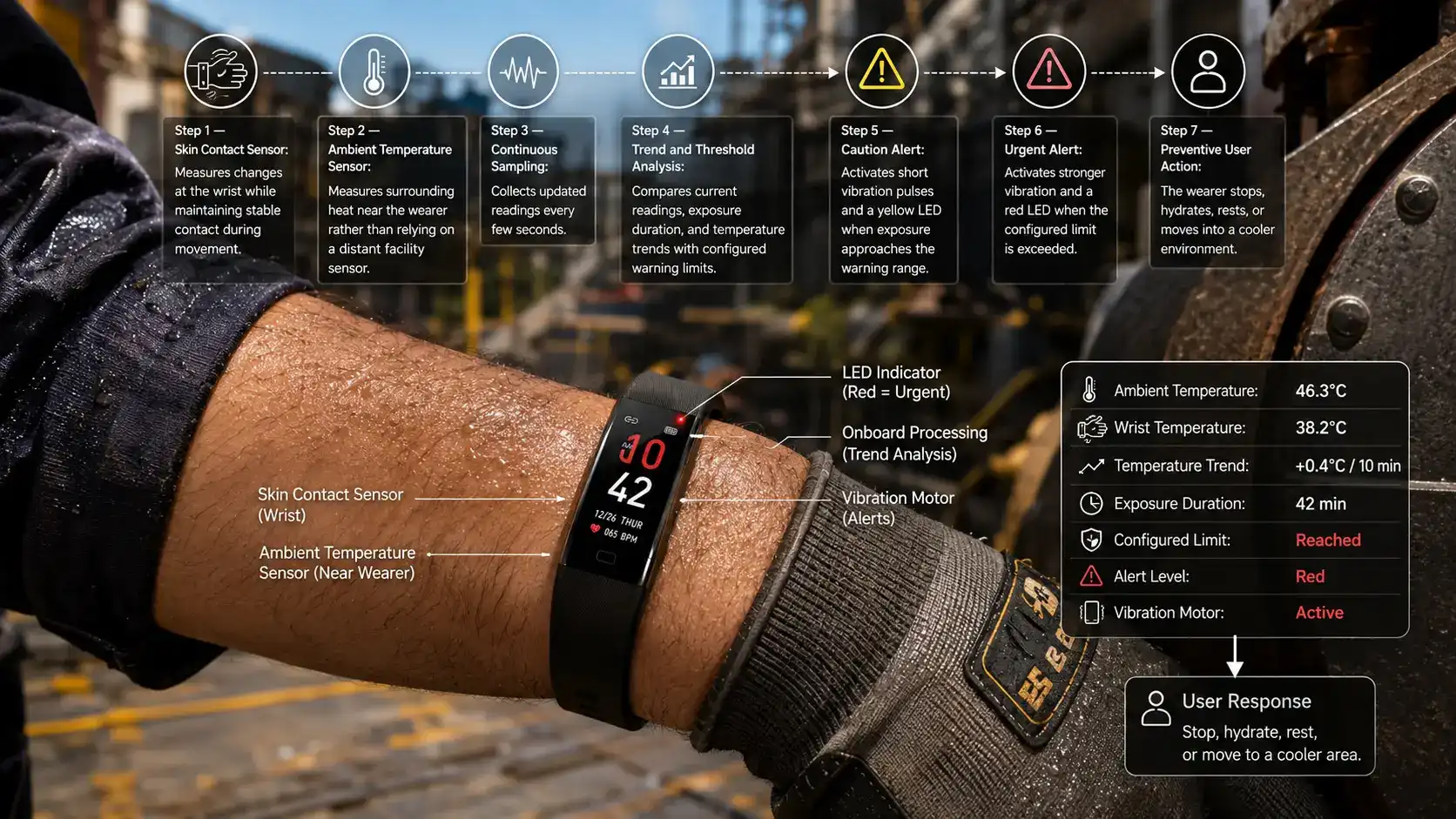 Thermal warning band sensor and alert workflow.