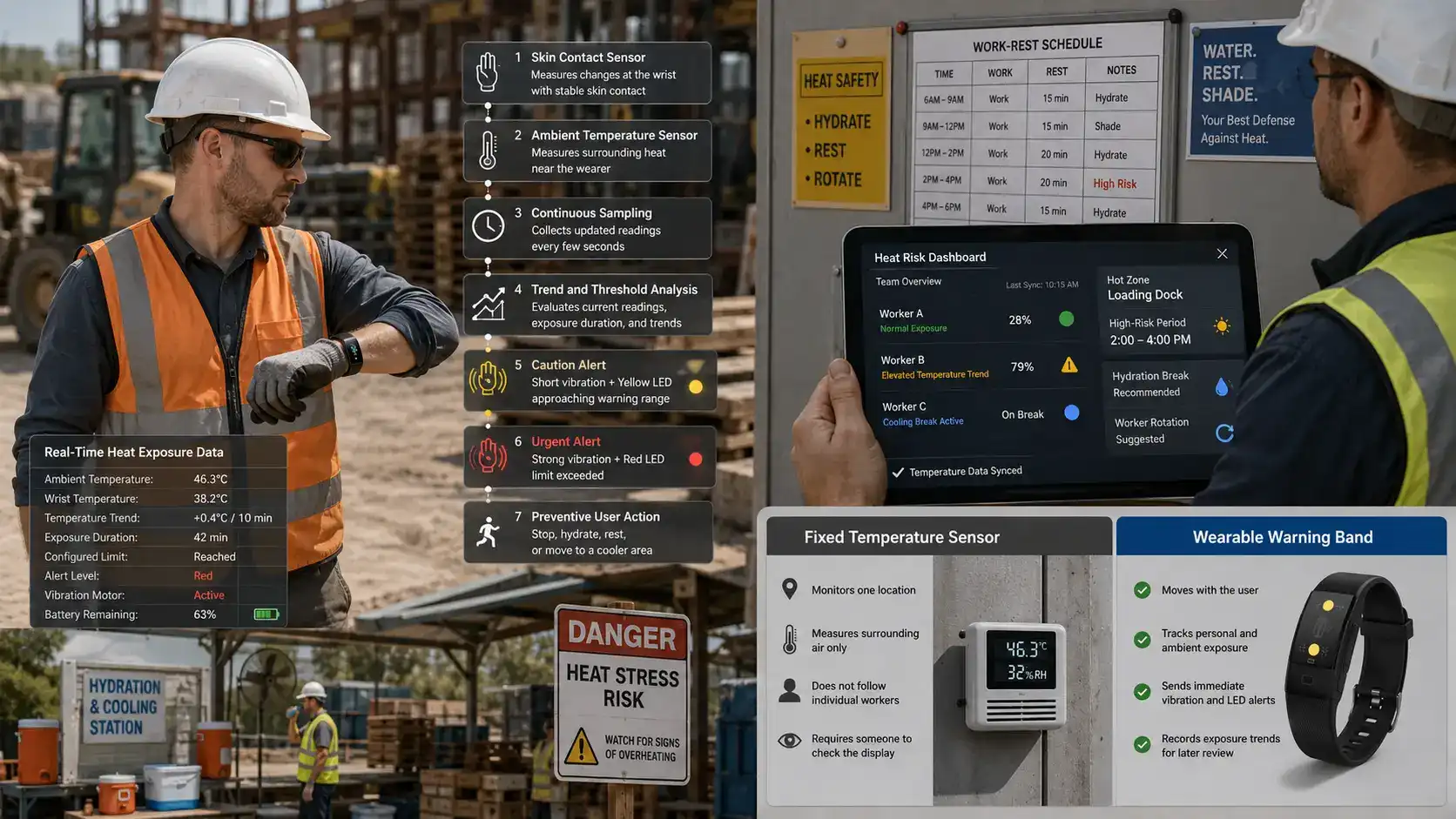 Wearable heat alerts supporting team safety management.