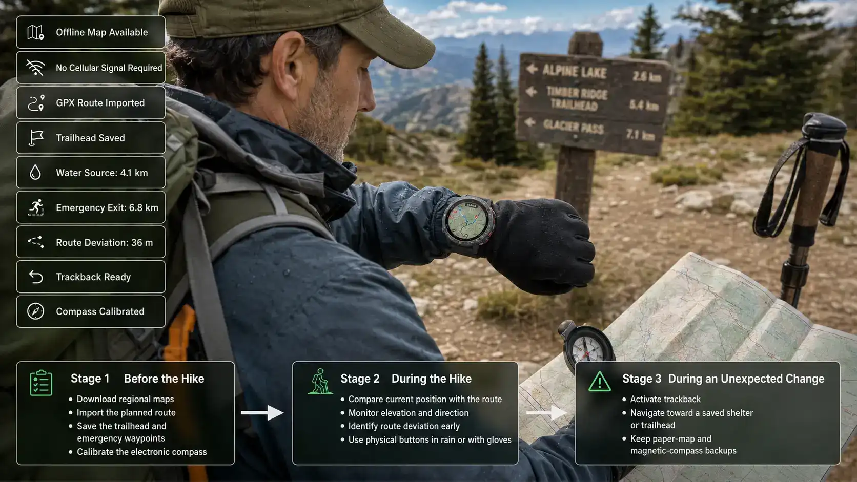 Hiker using offline maps and GPS trackback. Hiker using offline maps and GPS trackback.
