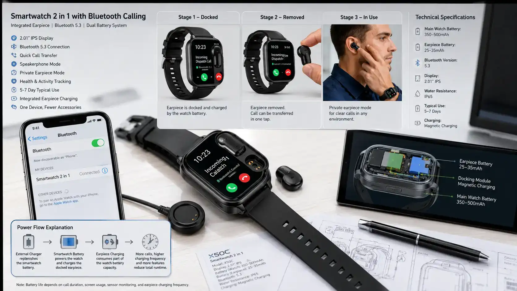 Smartwatch earpiece docking and charging system.