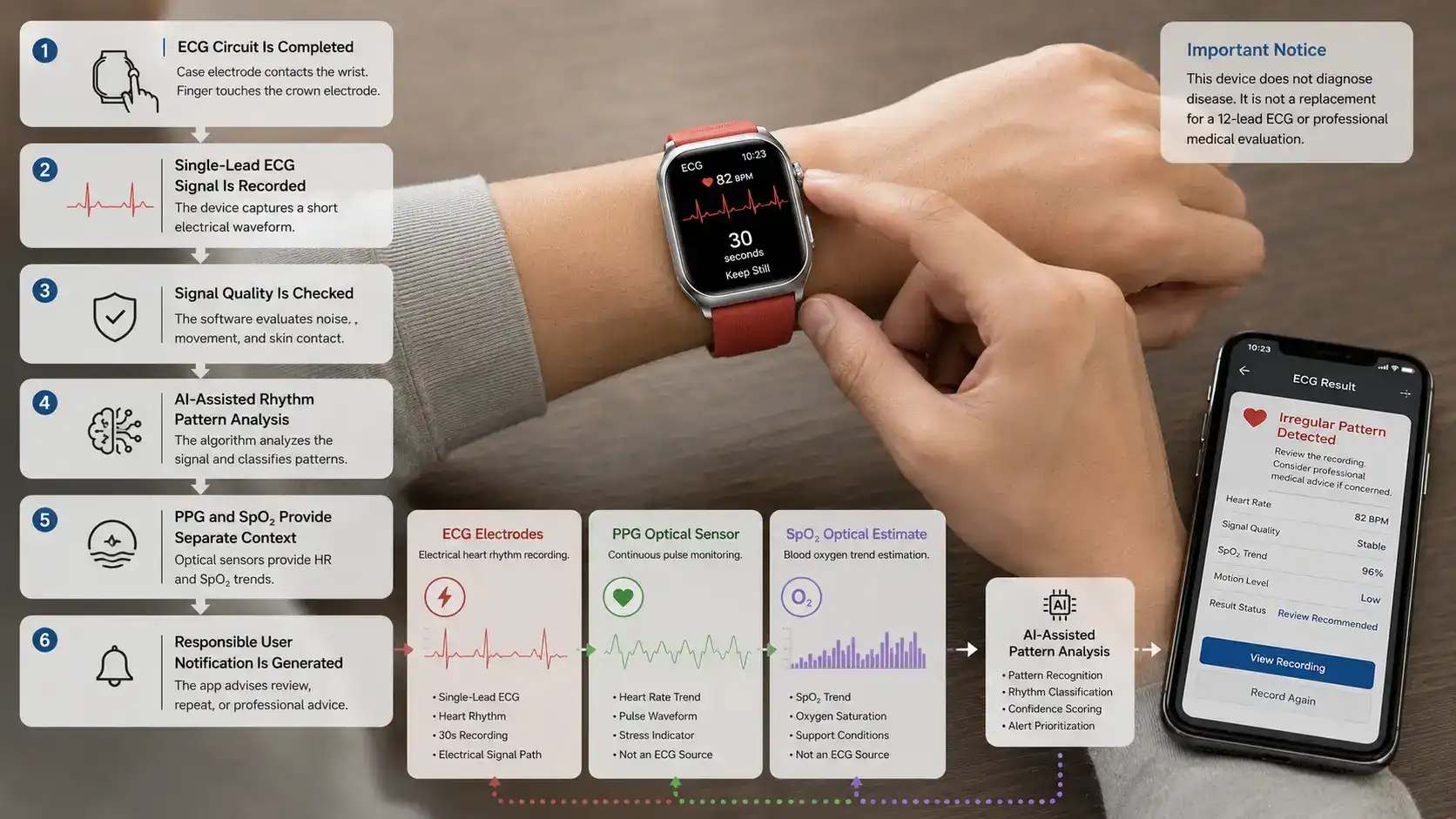 ECG smartwatch sensor and AI analysis workflow. ECG smartwatch sensor and AI analysis workflow.
