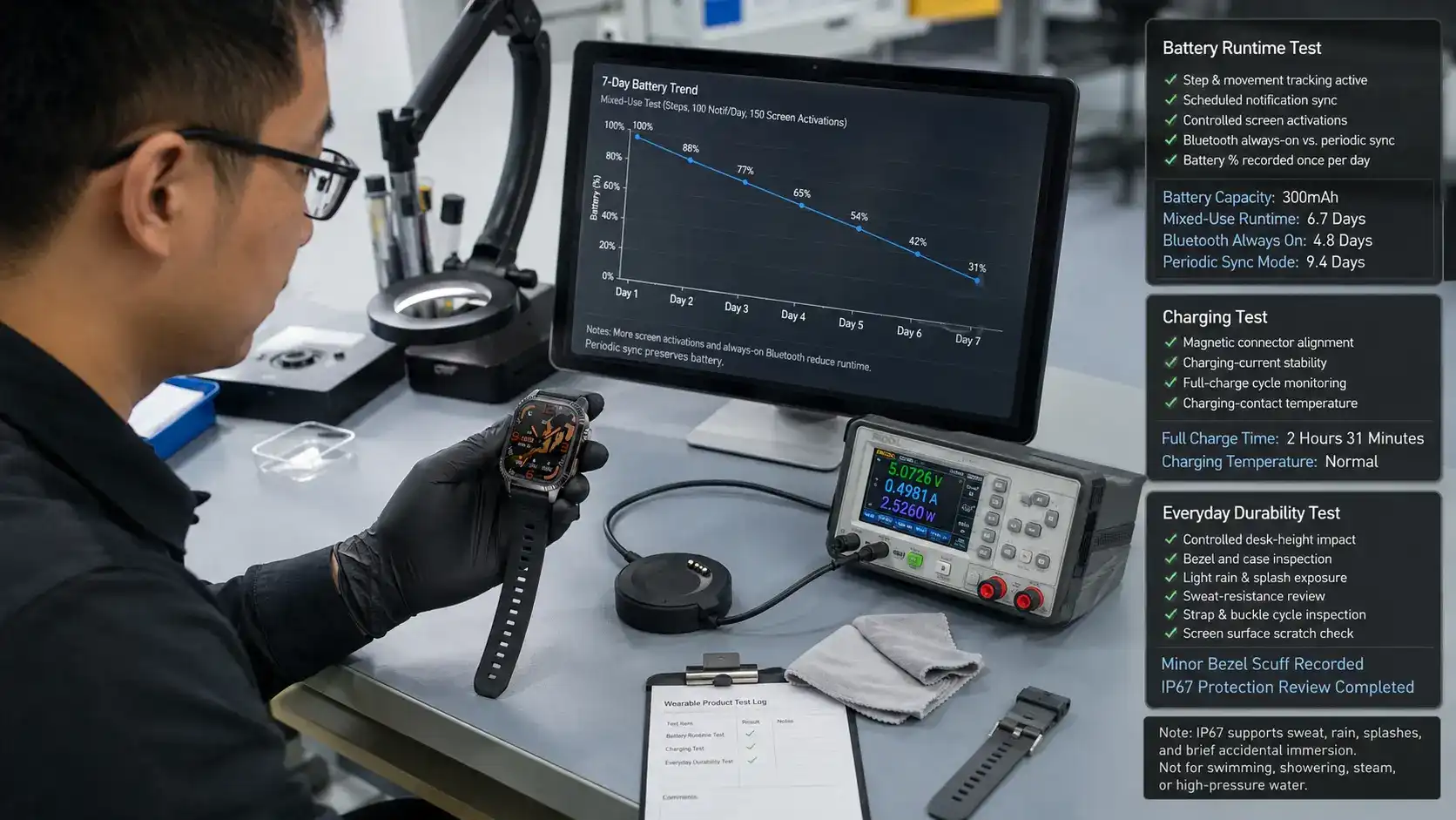 Aluminum smartwatch battery and durability testing.