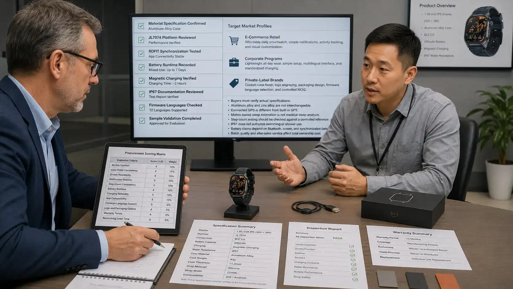Buyer reviewing aluminum smartwatch test results. Buyer reviewing aluminum smartwatch test results.