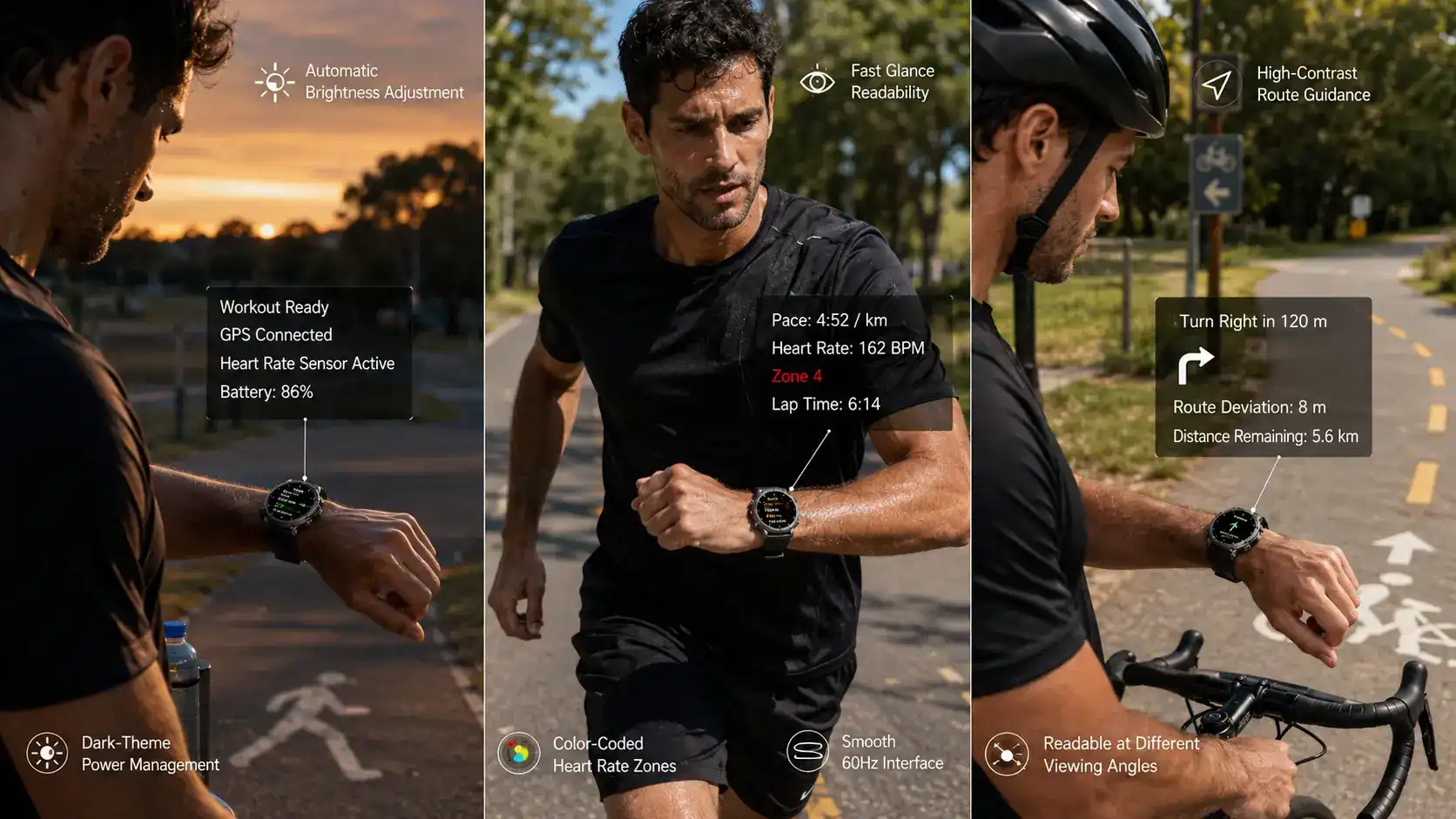 AMOLED and LCD sports watch screens compared outdoors.