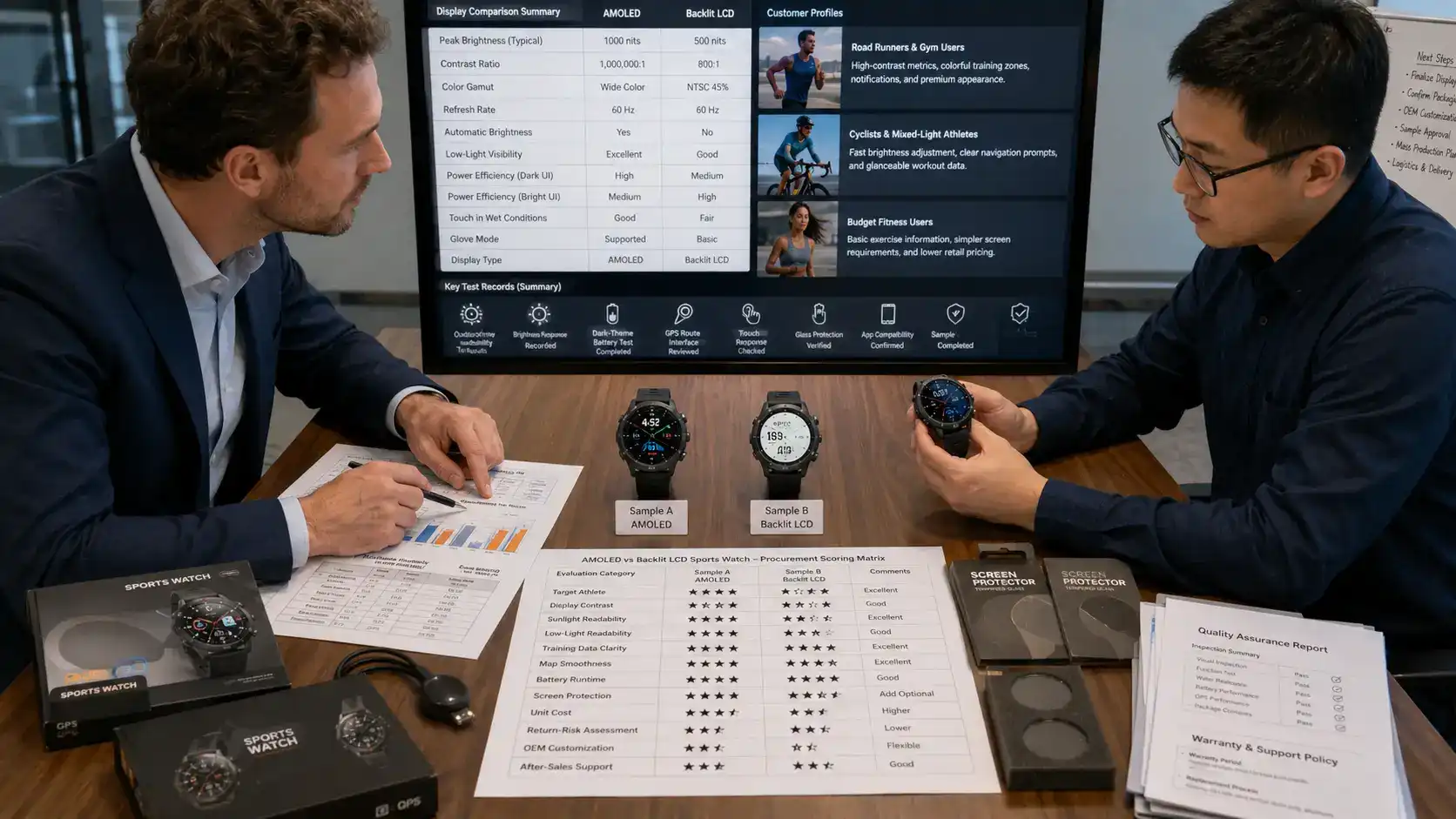 Buyer comparing AMOLED and LCD sports watches. Buyer comparing AMOLED and LCD sports watches.