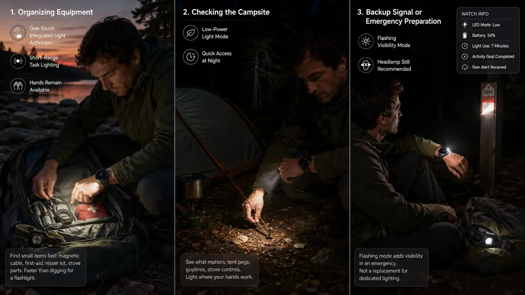 Outdoor smartwatch integrated light used for camping tasks.