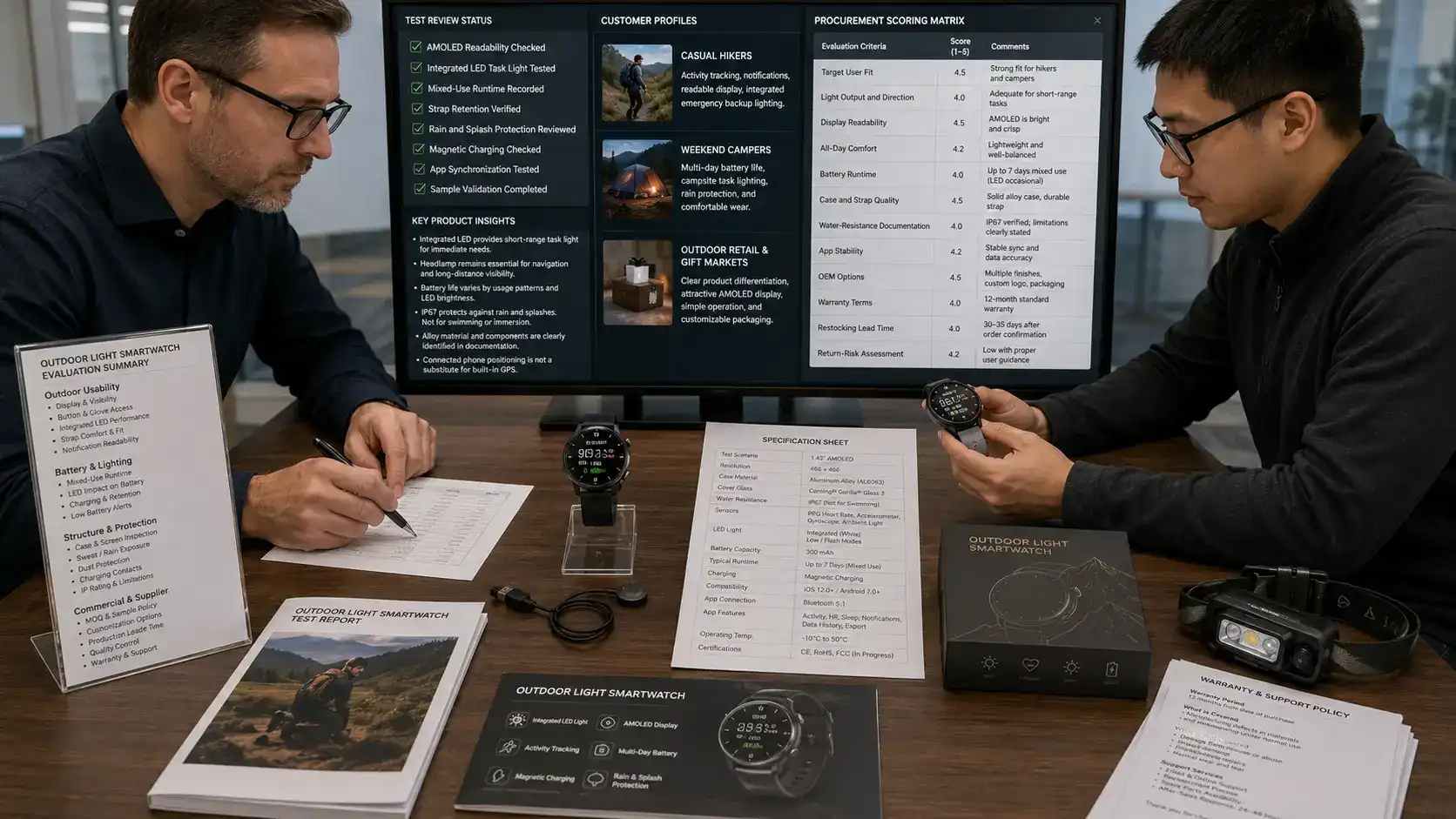 Buyer evaluating an outdoor light smartwatch with integrated LED.