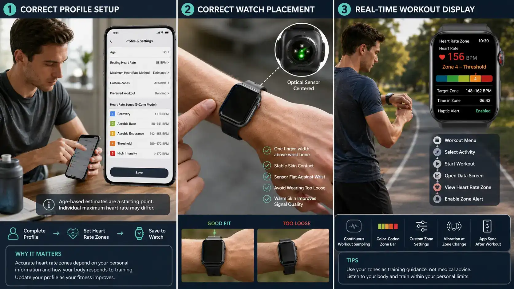 Setting up smartwatch heart rate zone tracking. Setting up smartwatch heart rate zone tracking.