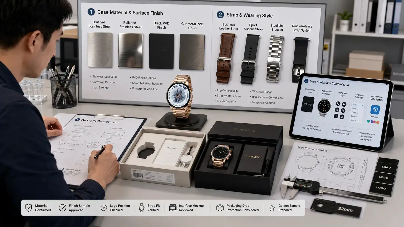 Steel smartwatch case and branding customization process. Steel smartwatch case and branding customization process.