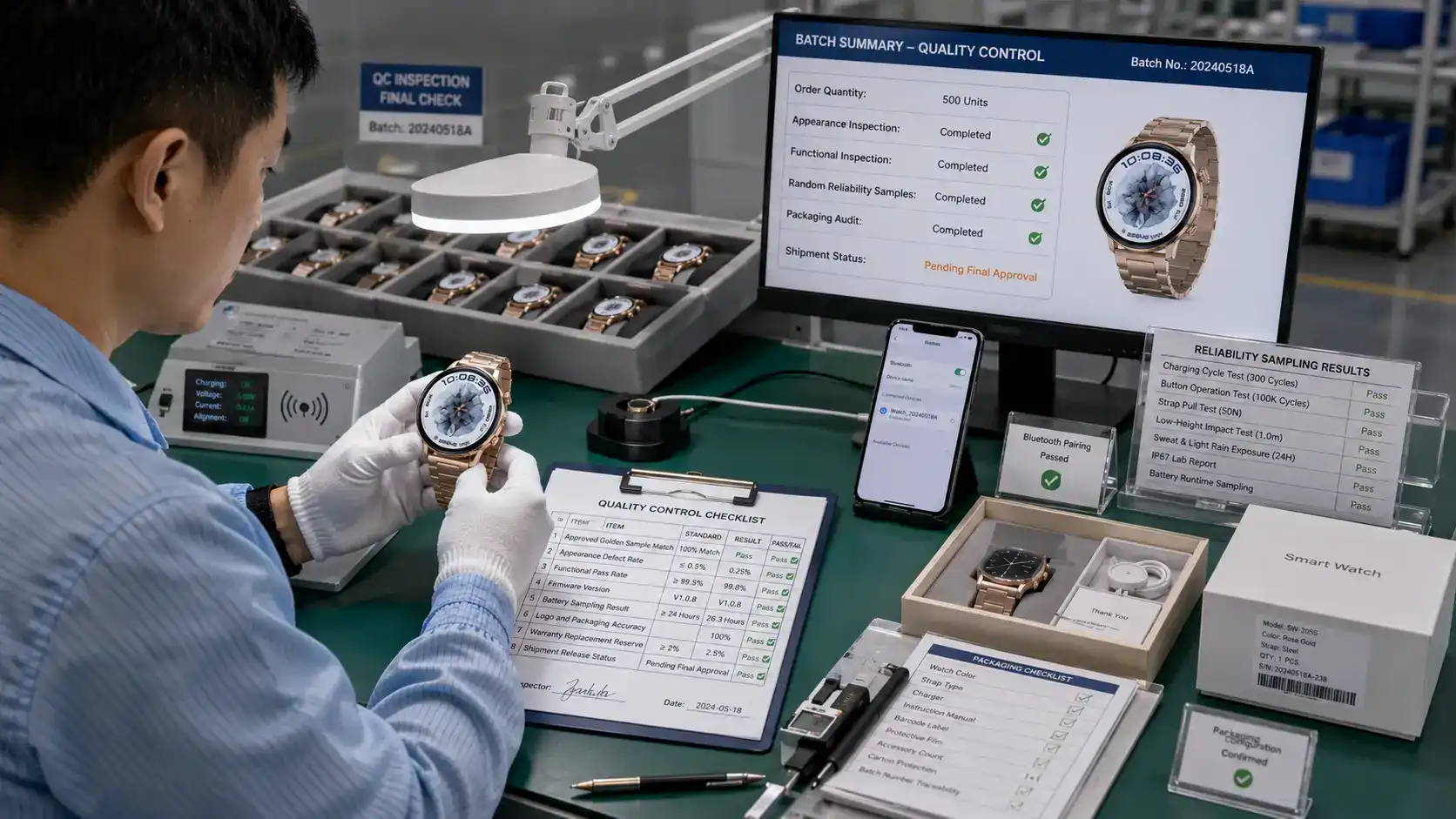 Steel smartwatch batch undergoing quality inspection. Steel smartwatch batch undergoing quality inspection.