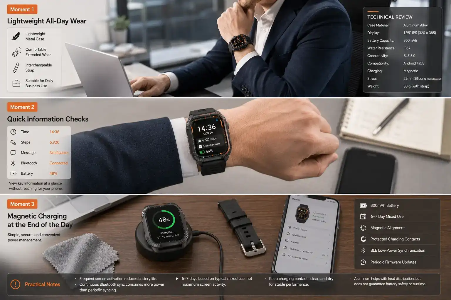 Aluminum smartwatch daily use and magnetic charging. Aluminum smartwatch daily use and magnetic charging.