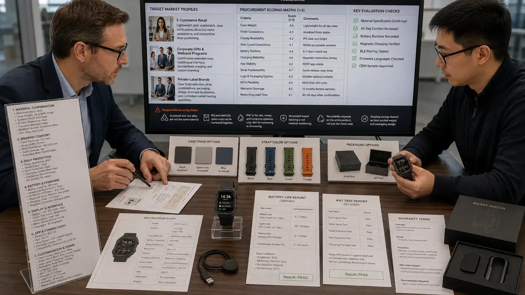 Buyer reviewing aluminum smartwatch sourcing options.