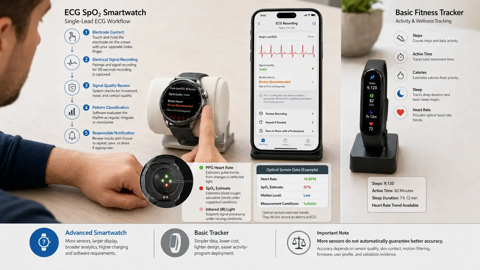 ECG SpO₂ and fitness tracker sensor differences.