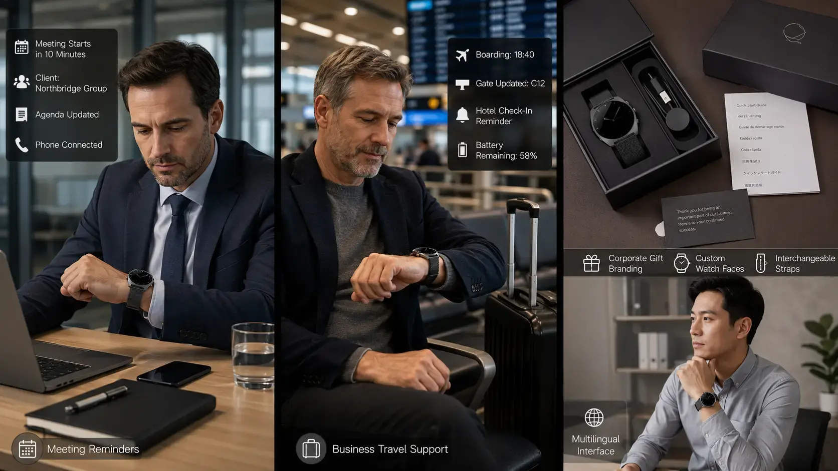 Business smartwatch used for meetings, travel, and gifts. Business smartwatch used for meetings, travel, and gifts.