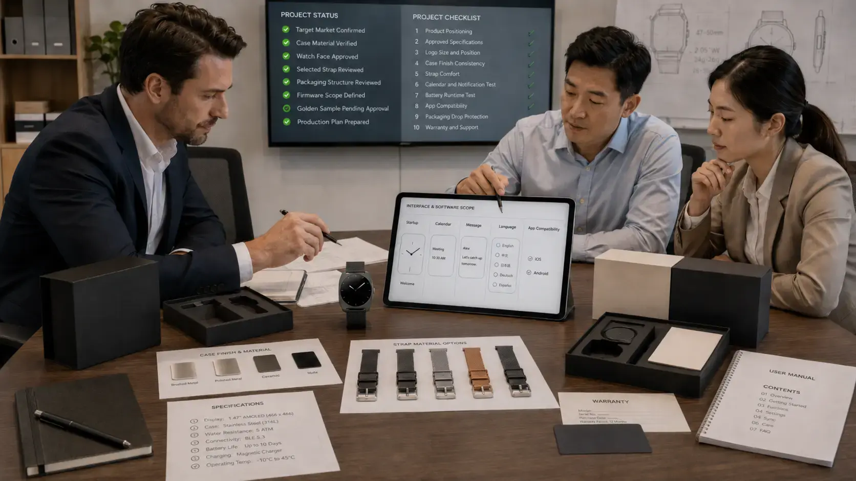 Brand team reviewing a custom business smartwatch.