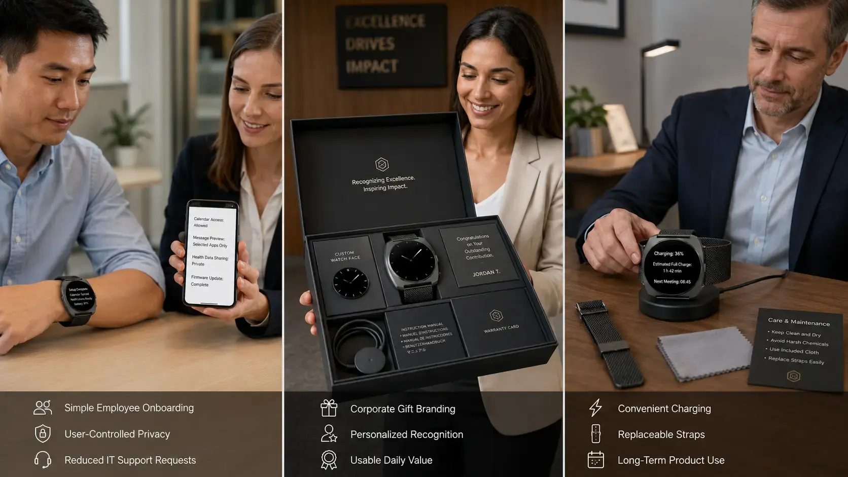 Corporate smartwatch onboarding, gifting and daily charging.