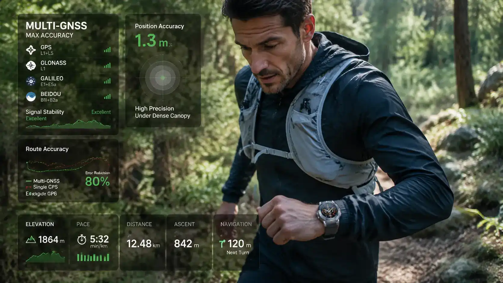 Athlete using multi-GNSS GPS smartwatch in outdoor terrain.