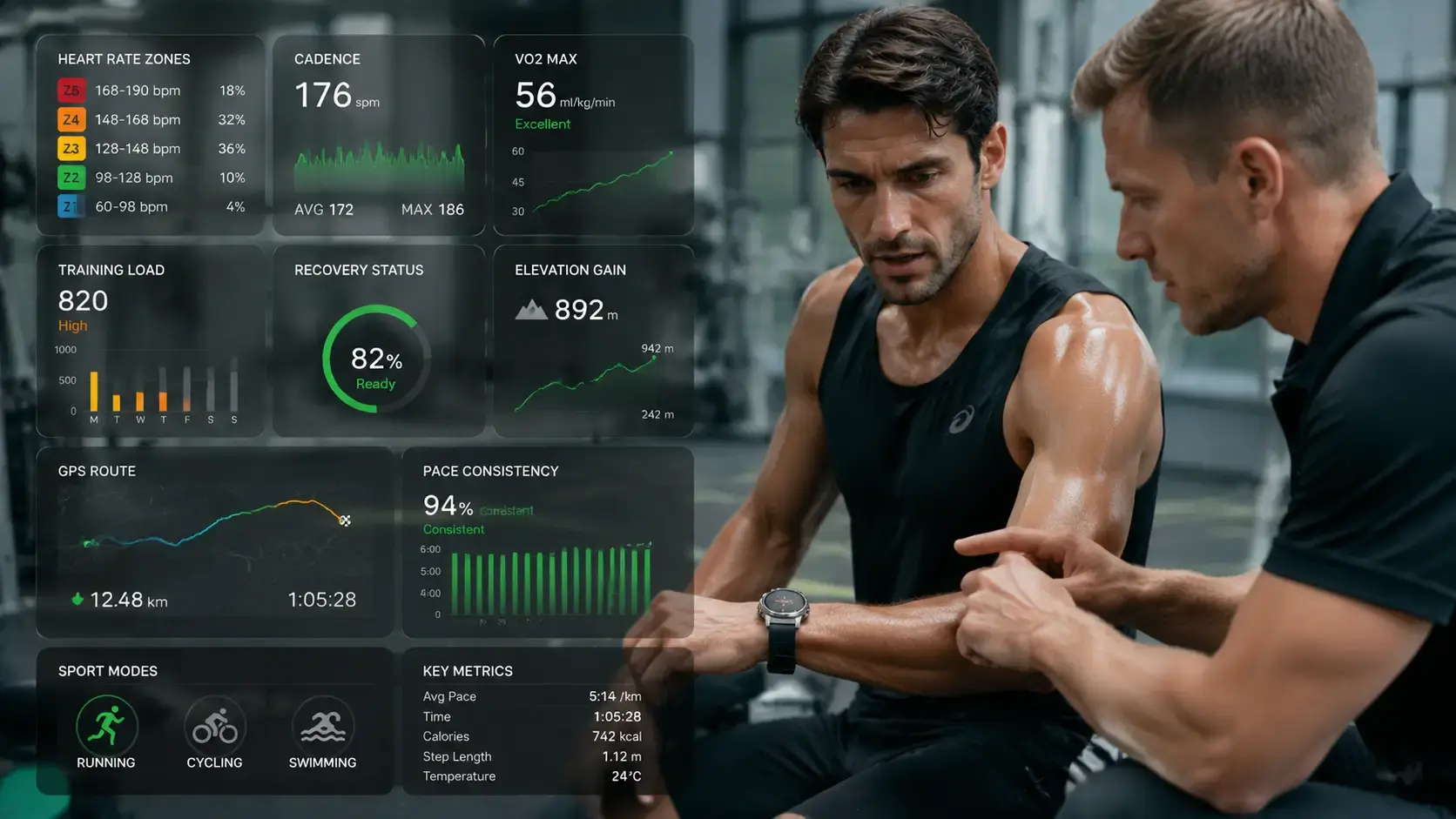 Coach reviewing GPS smartwatch training metrics after workout.