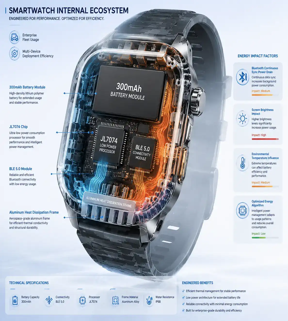 Aluminum smartwatch with long battery life in business workspace.