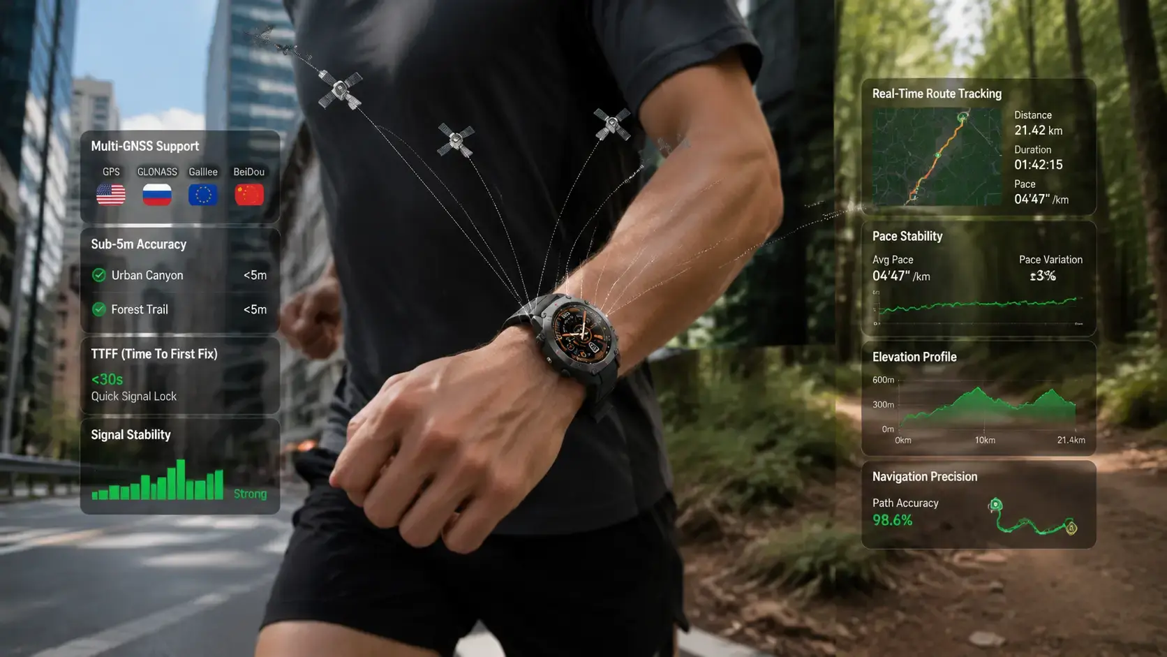Athlete using multi-GNSS smartwatch for endurance tracking Athlete using multi-GNSS smartwatch for endurance tracking