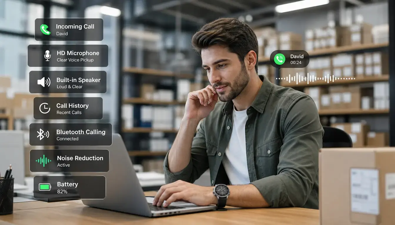 Worker making hands-free calls with a voice call smartwatch.