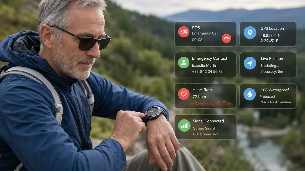 Voice call smartwatch with emergency SOS and GPS features.