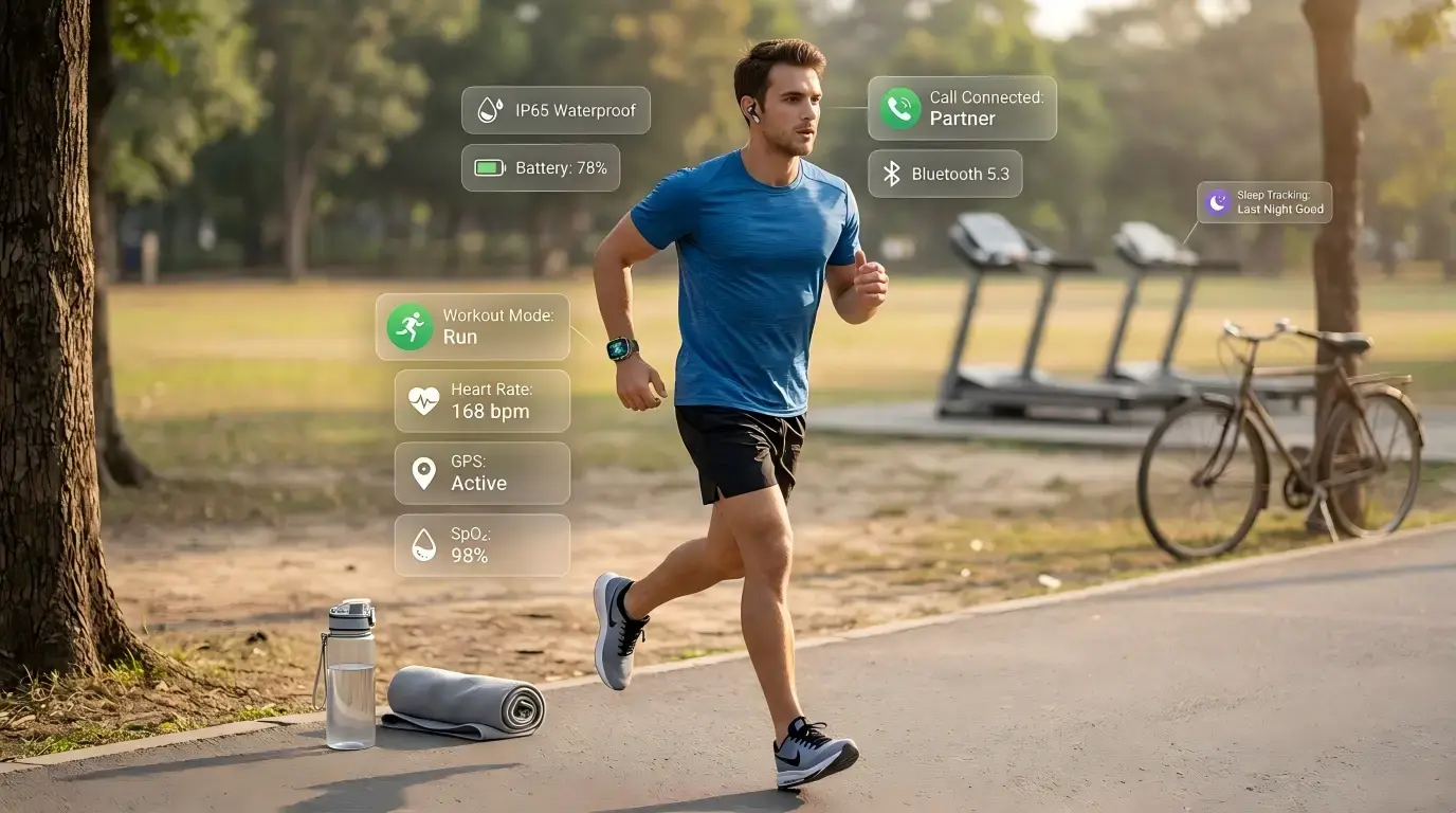 Fitness user wearing smartwatch with detachable earbud.