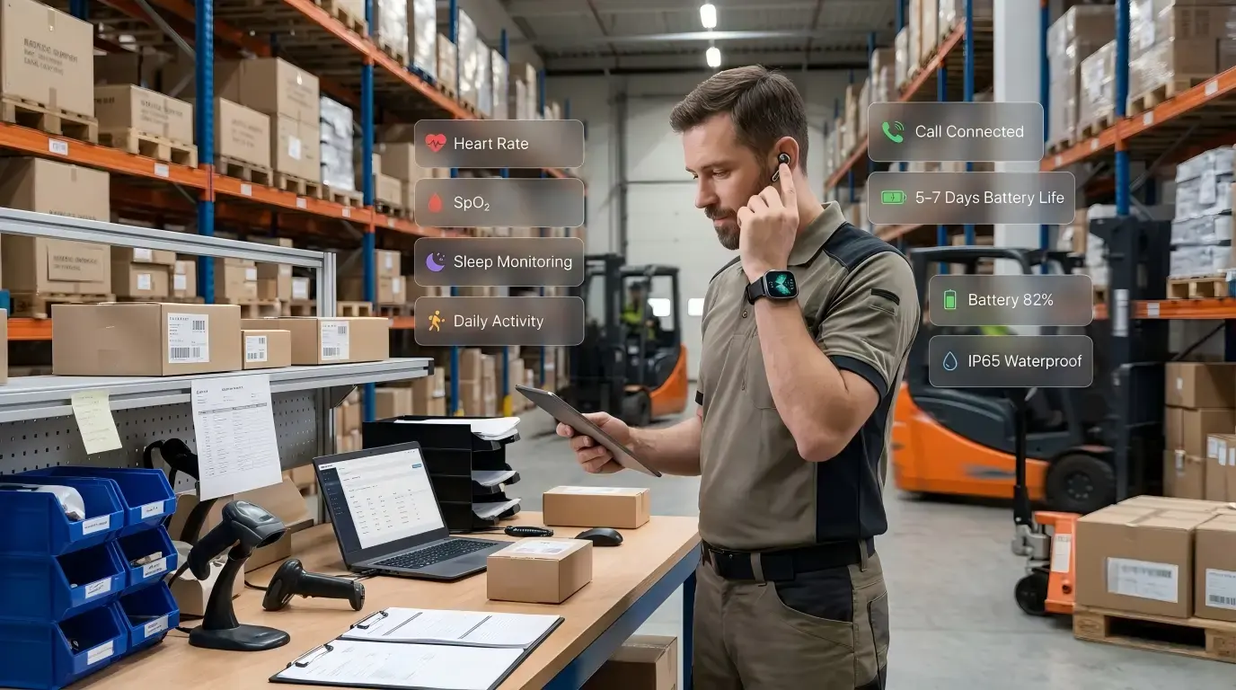 Smartwatch with Bluetooth earbud during daily work. Smartwatch with Bluetooth earbud during daily work.