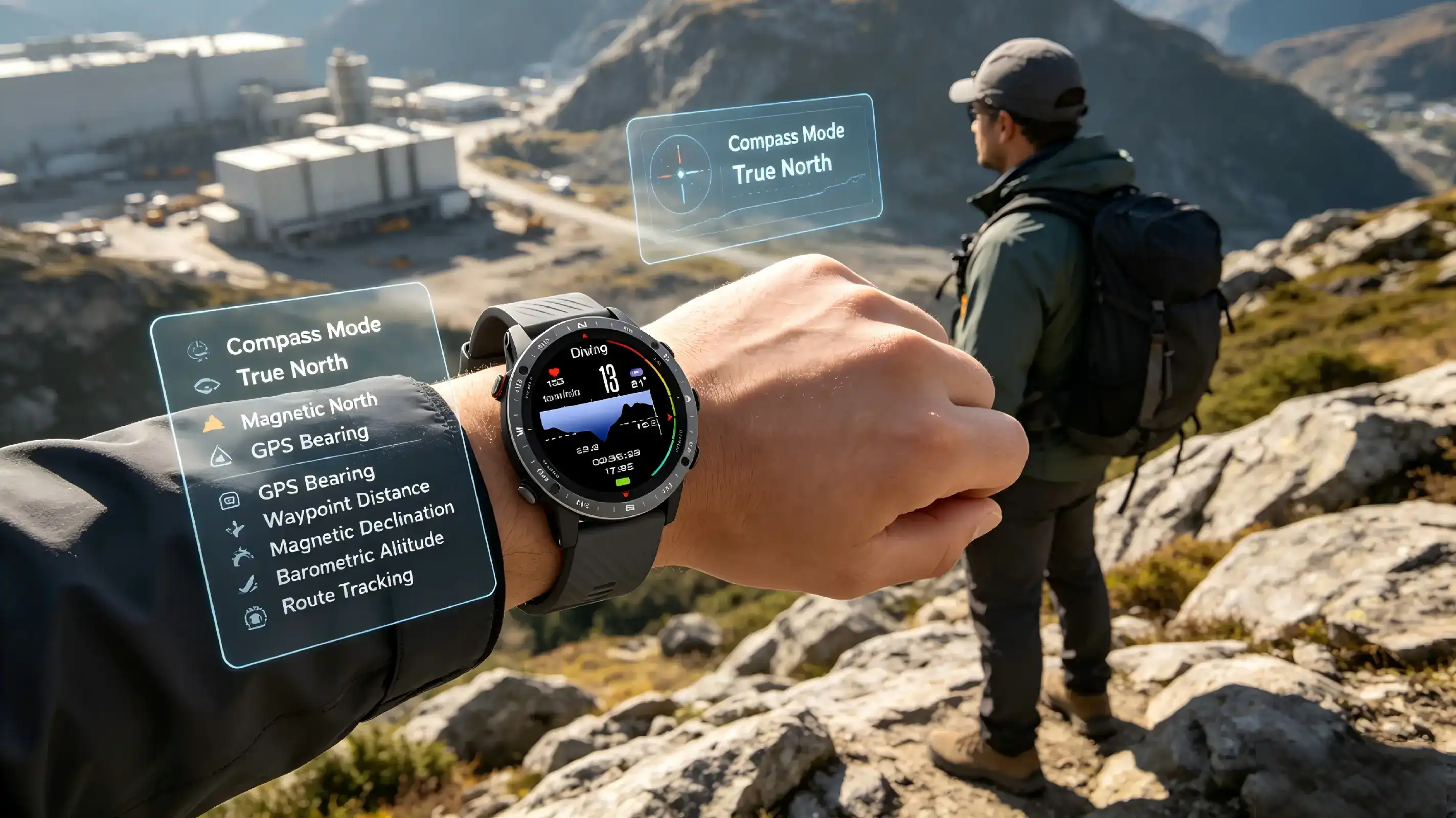 Smartwatch compass showing direction on outdoor terrain.