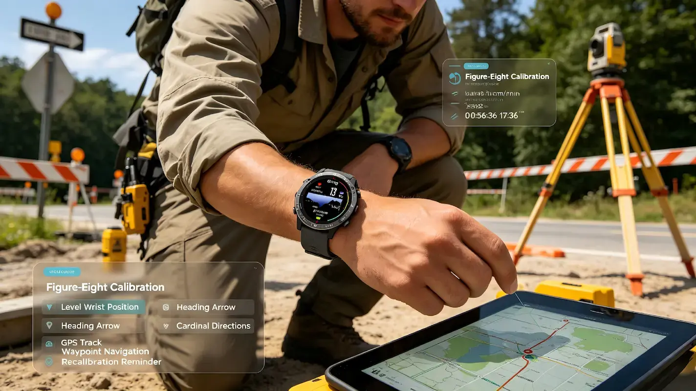 Smartwatch compass showing direction on outdoor terrain.