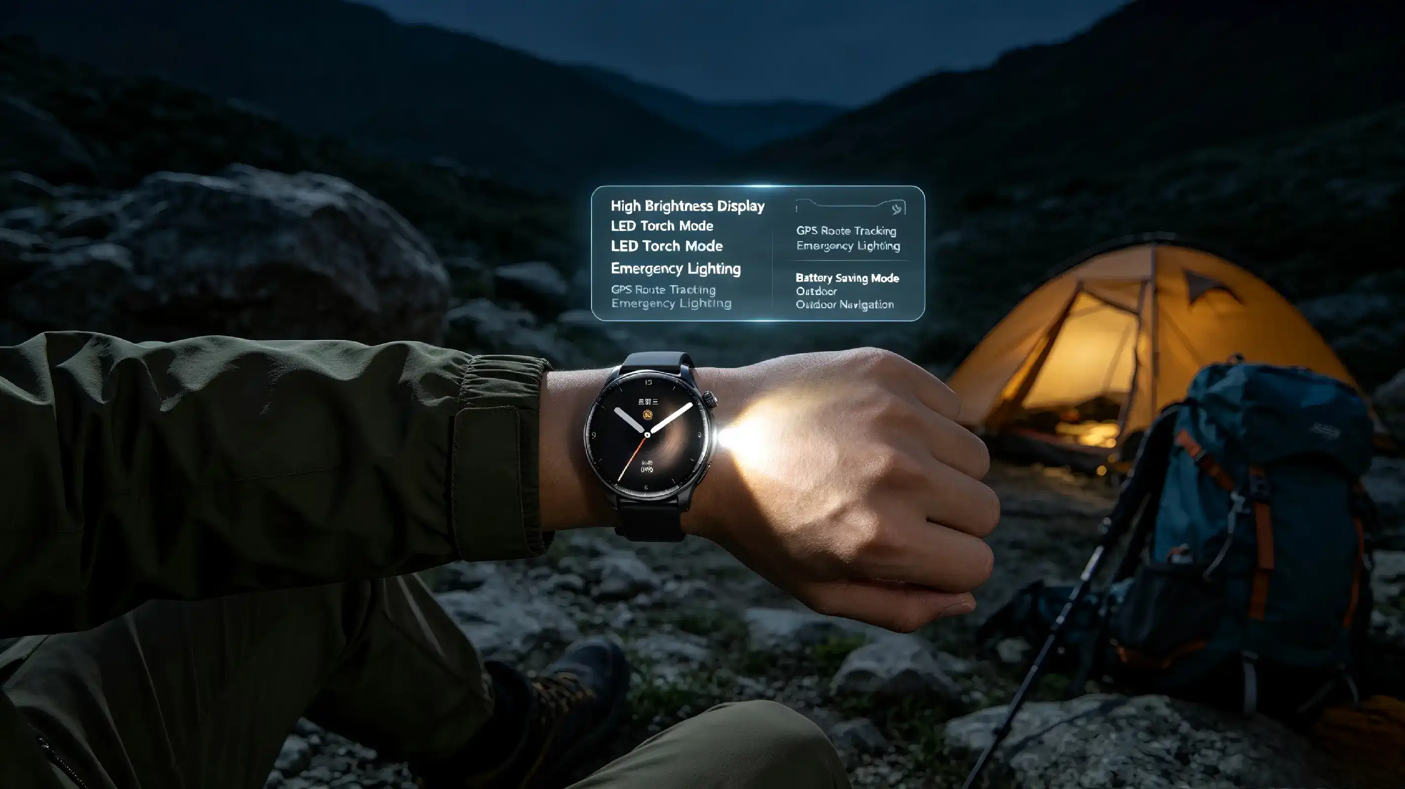 Outdoor smartwatch with built-in LED flashlight for night adventure. Outdoor smartwatch with built-in LED flashlight for night adventure.