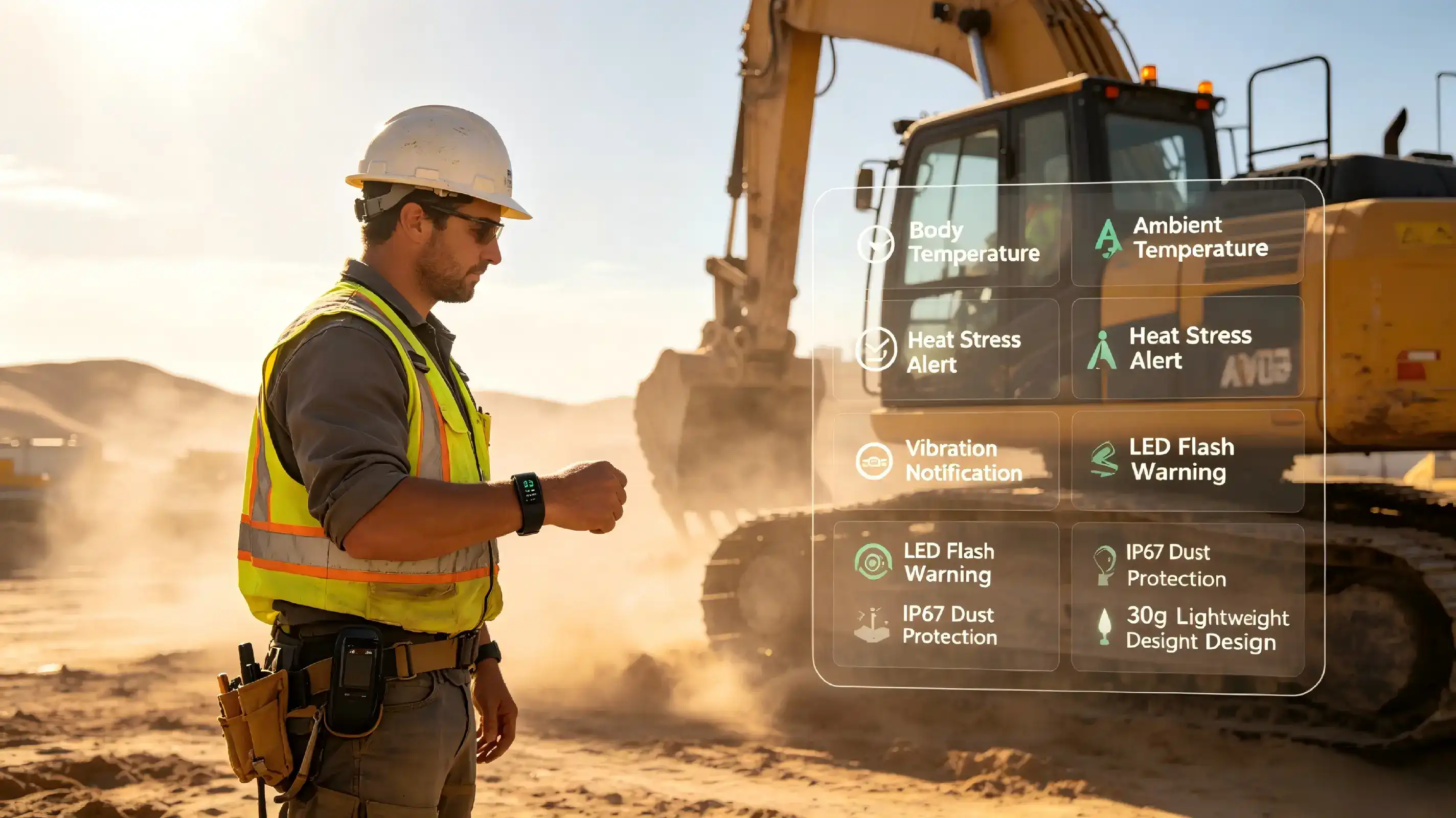 Heat monitoring band warning worker in extreme heat.